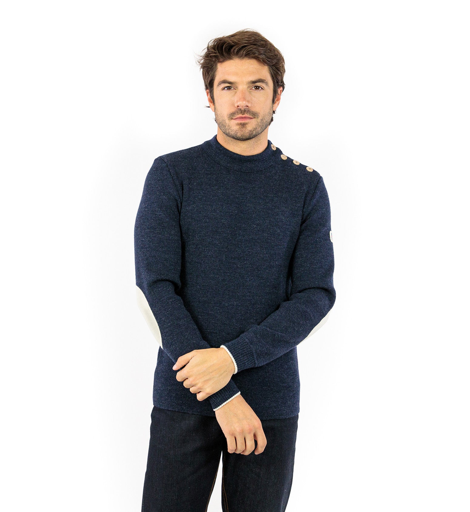 Plain sailor sweater with contrasting elbow patches