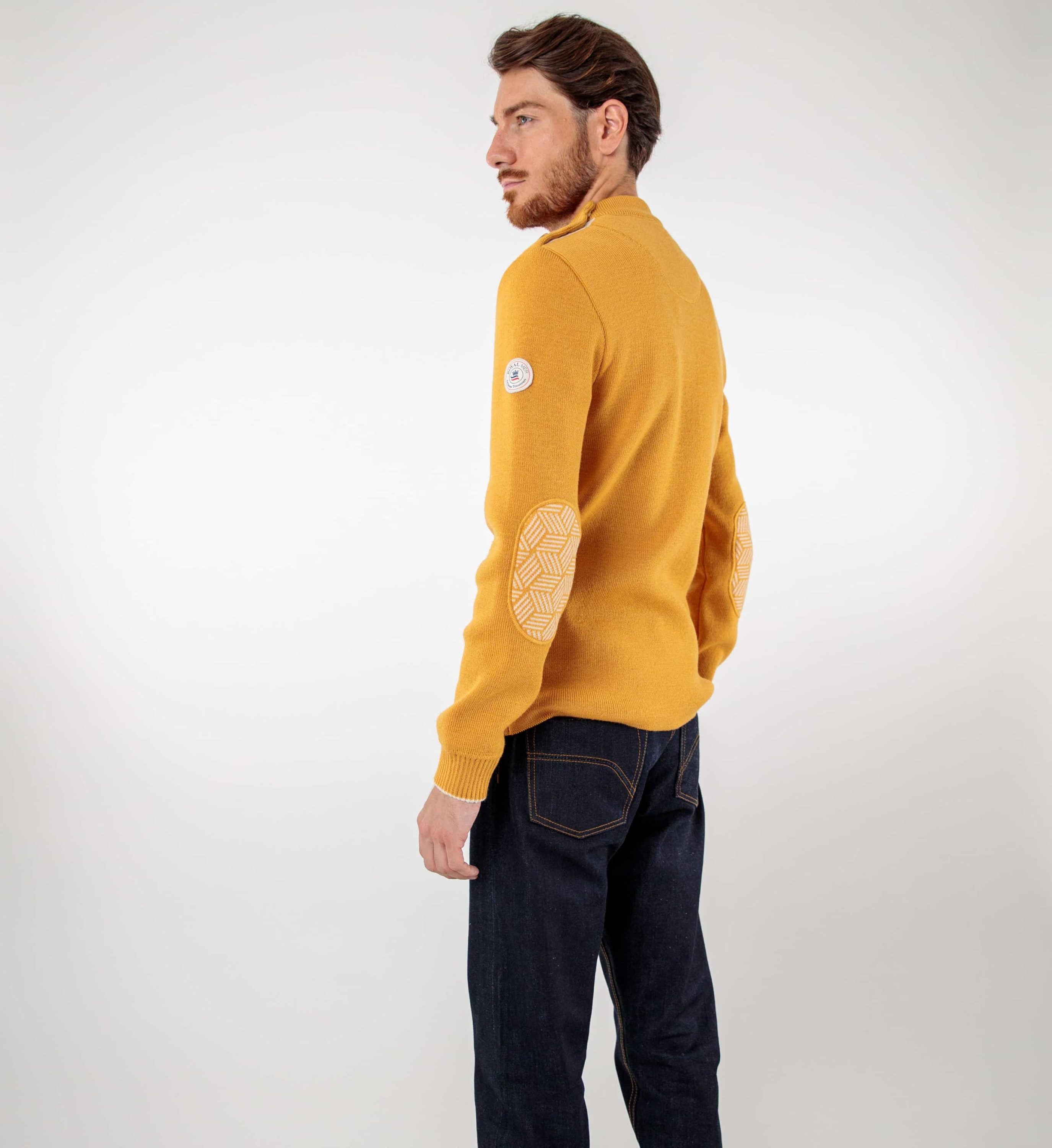 Plain sailor sweater with fancy elbow patches Royal mer
